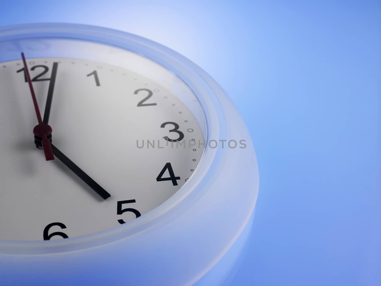 Close up of Clock showing 5 o'clock on a blue wall