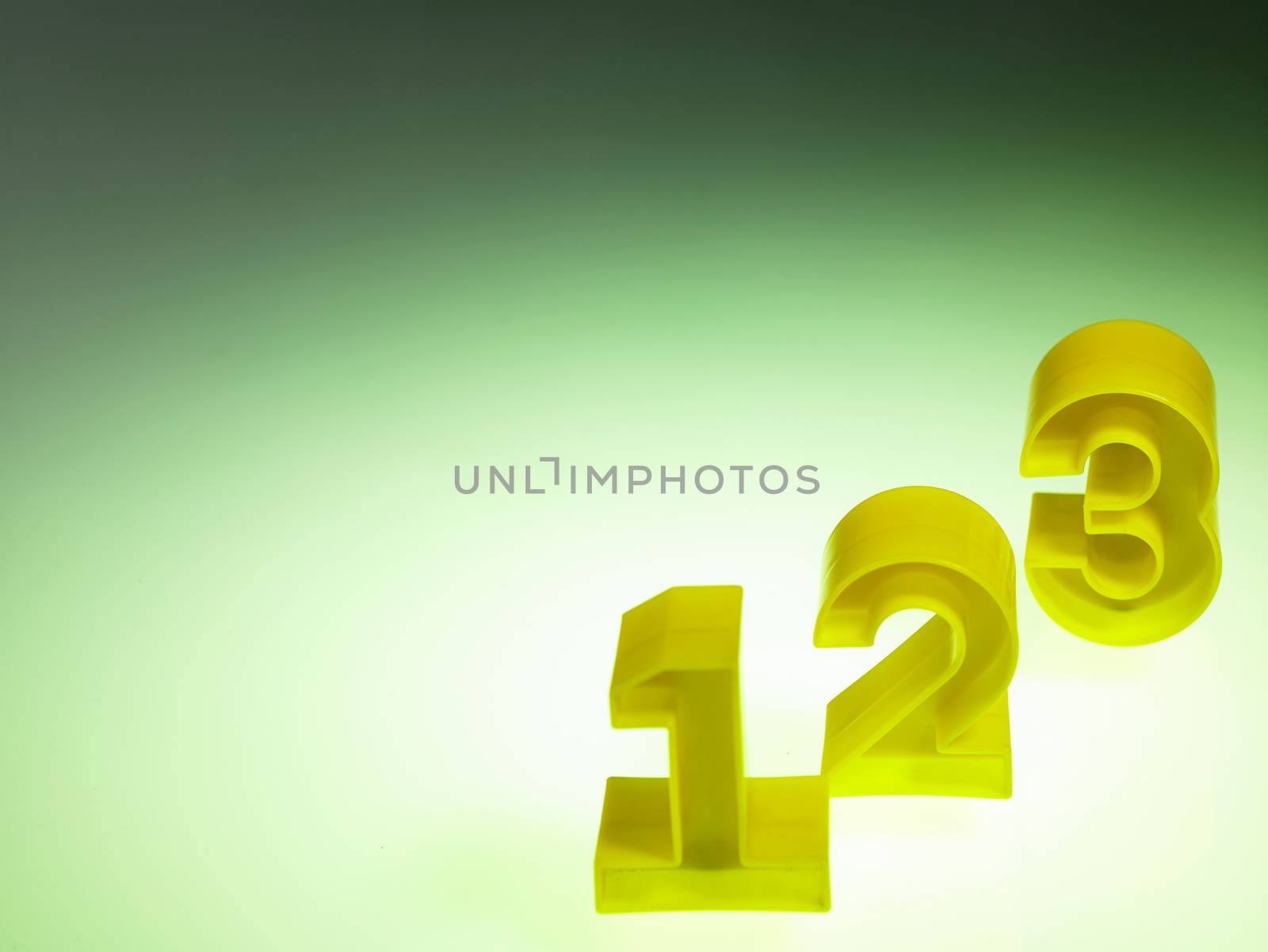 plastic numbers 123 on green background
