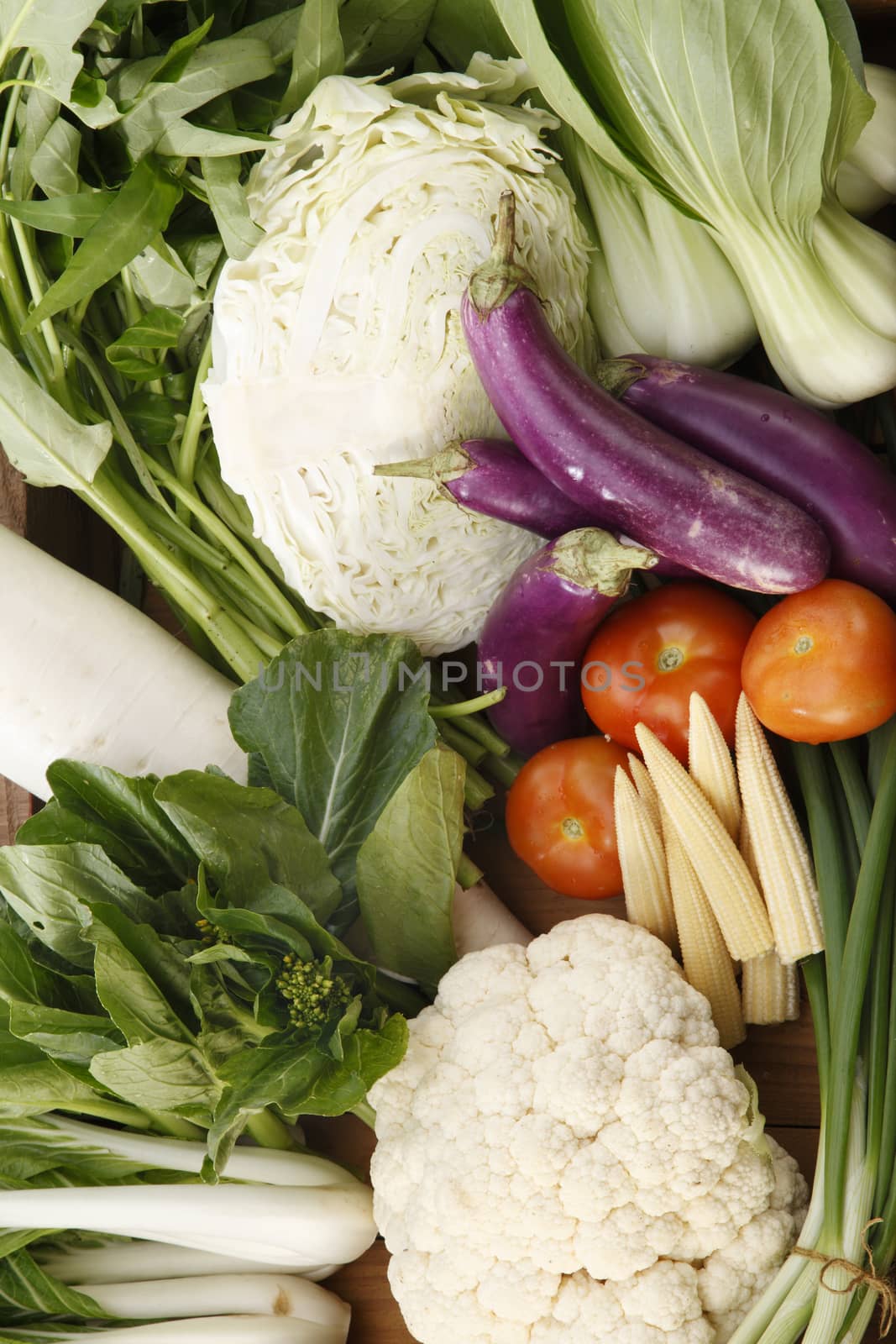 top view group shot of vegetables in a create