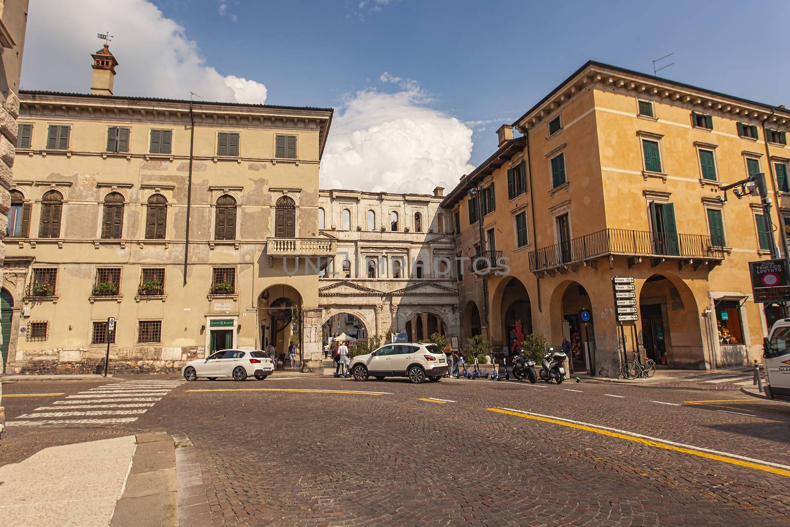 VERONA, ITALY 10 SEPTEMBER 2020: Porta Borsari in Verona; an ancient building in the famous and historical city in Italy