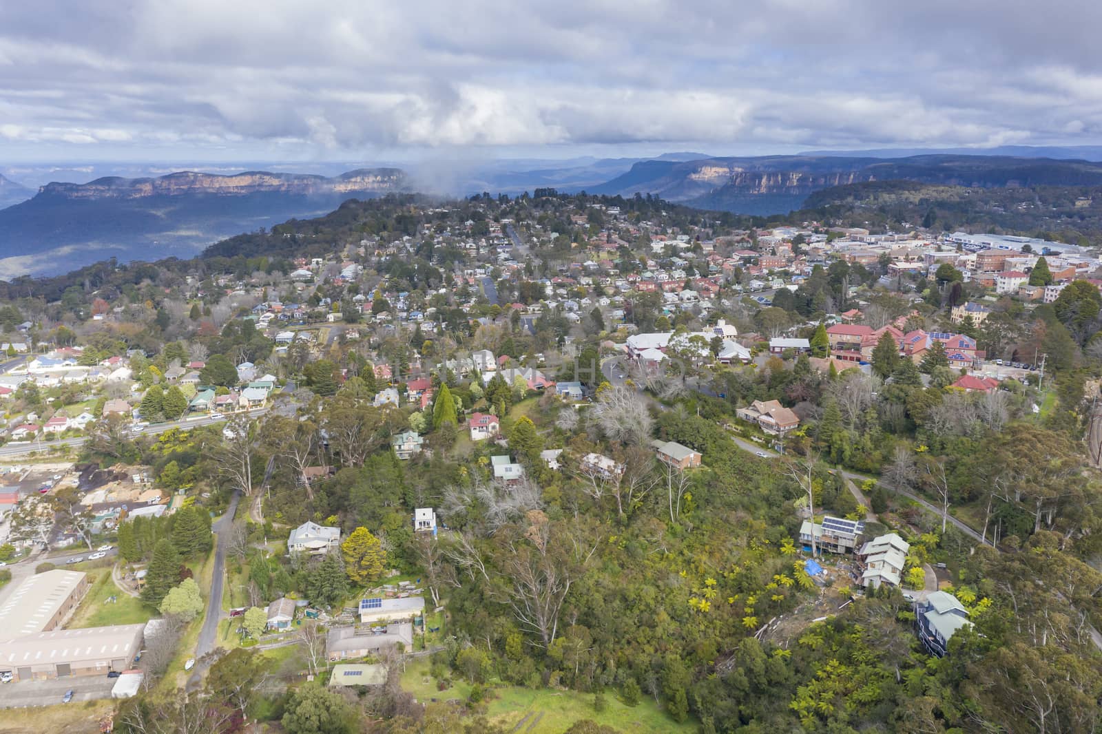 Aerial view of Katoomba in The Blue Mountains in Australia by WittkePhotos