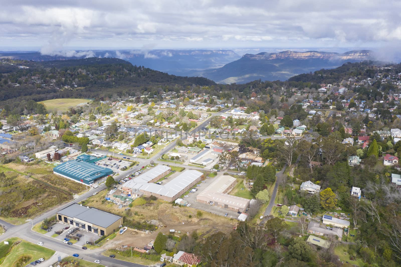 Aerial view of Katoomba in The Blue Mountains in Australia by WittkePhotos