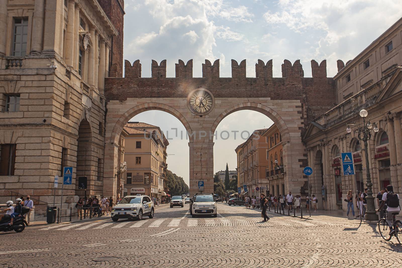 VERONA, ITALY 10 SEPTEMBER 2020: Portoni della Bra, an ancient and medieval door in Bra square in Verona, Italy