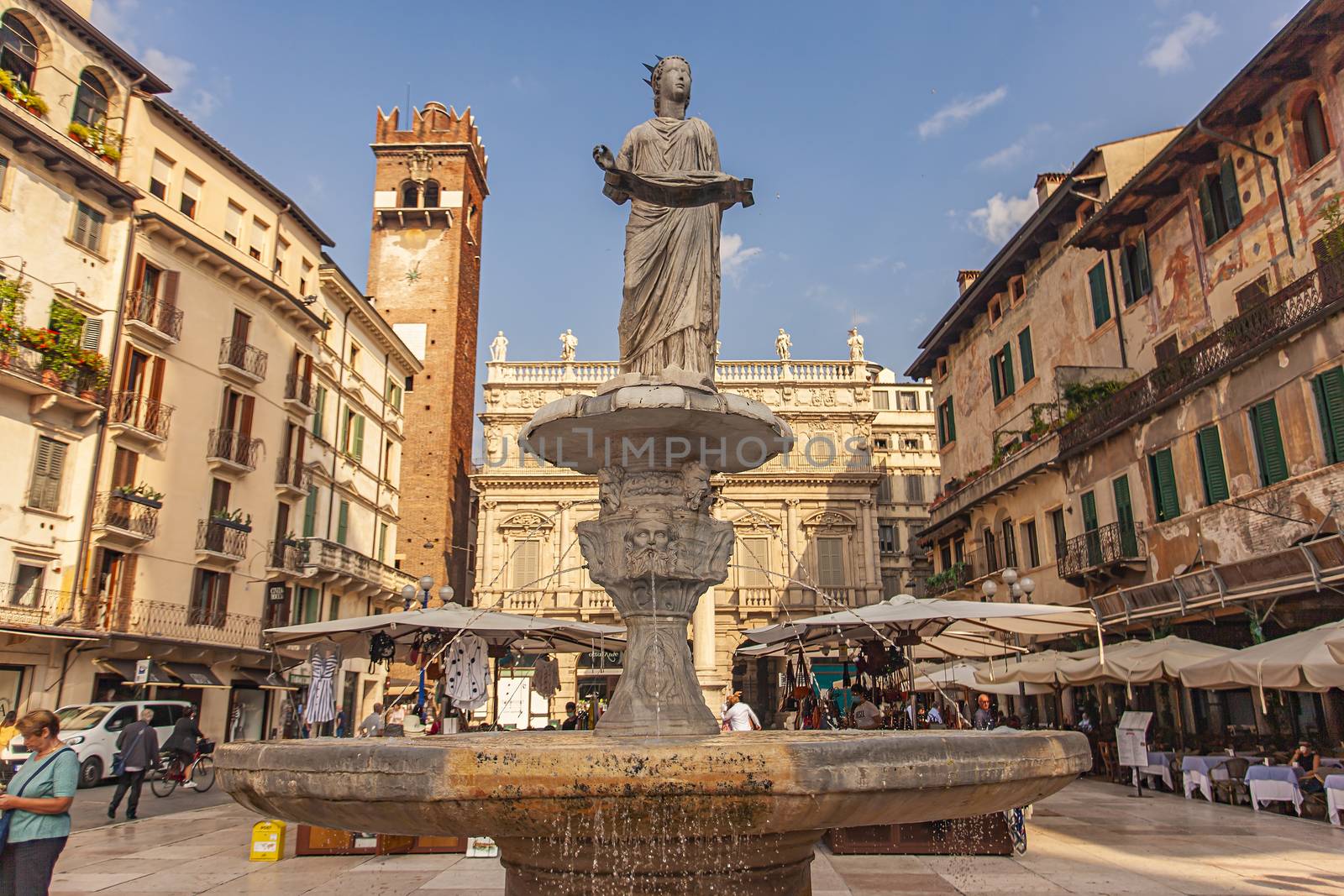 VERONA, ITALY 10 SEPTEMBER 2020: Madonna statue in Verona in Erbe square or Piazza delle Erbe in Italian
