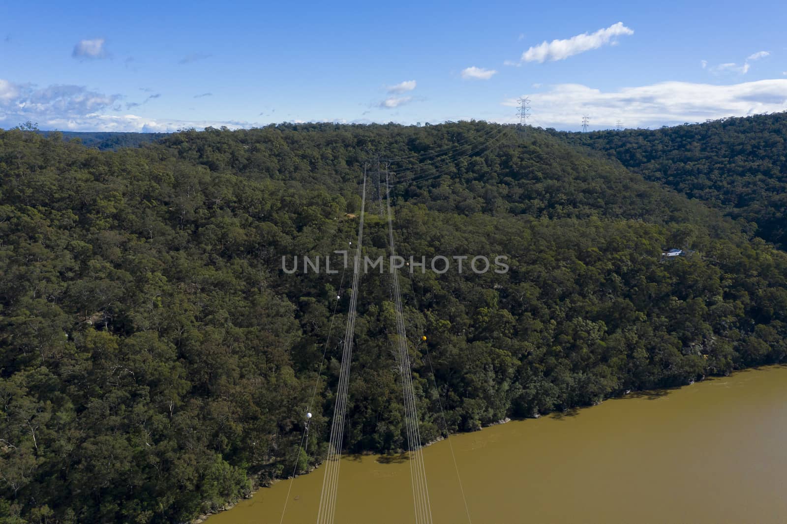 An electricity transmission tower and cables across a forest by WittkePhotos