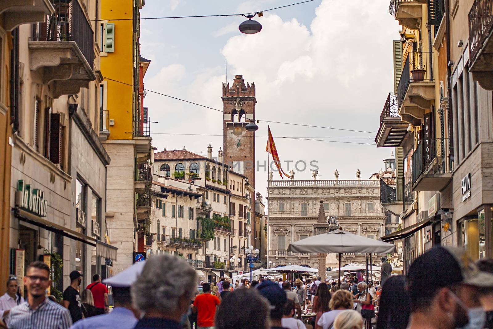 VERONA, ITALY 10 SEPTEMBER 2020: Piazza delle Erbe in Verona full of people walking