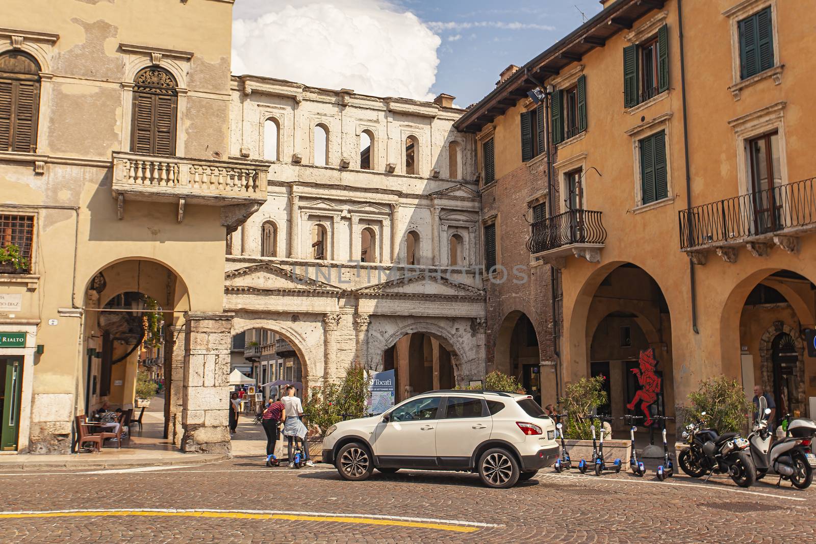 VERONA, ITALY 10 SEPTEMBER 2020: Porta Borsari in Verona; an ancient building in the famous and historical city in Italy