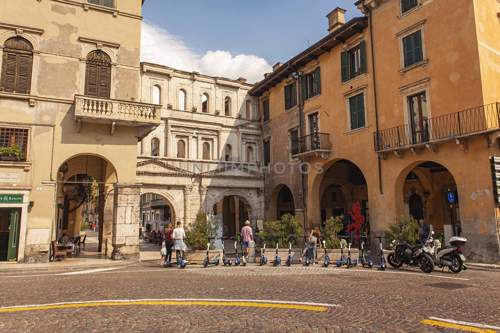 VERONA, ITALY 10 SEPTEMBER 2020: Porta Borsari in Verona; an ancient building in the famous and historical city in Italy