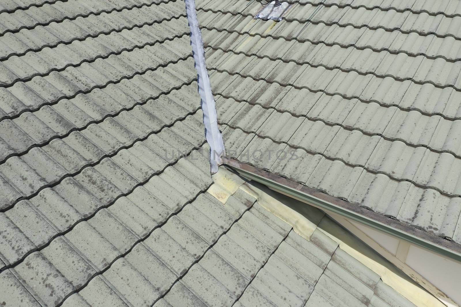 Close up of green tiles on a  roof in the sunshine.