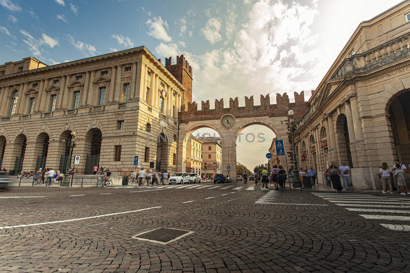 VERONA, ITALY 10 SEPTEMBER 2020: Portoni della Bra view with city life in Verona in Italy