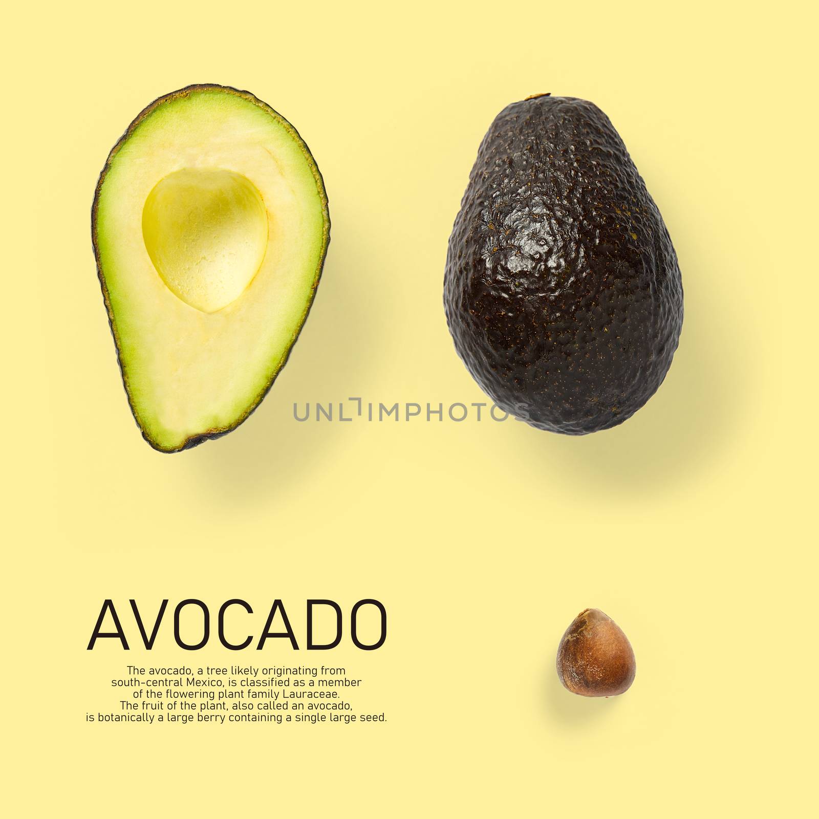 Modern creative avocado collage with simple text on solid color background. Avocado slices creative layout on yellow background. Flat lay, Food concept by PhotoTime