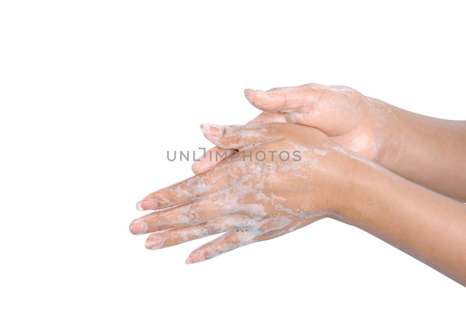 Closeup woman's hand washing with soap isolated on white backgro by pt.pongsak@gmail.com