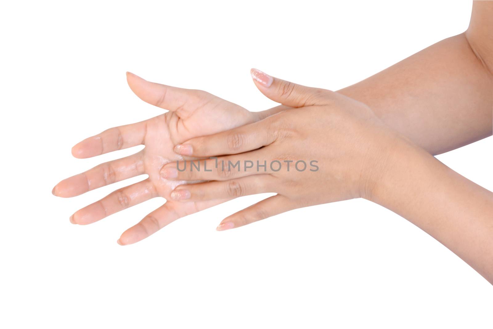 Closeup woman's hand washing with soap isolated on white background