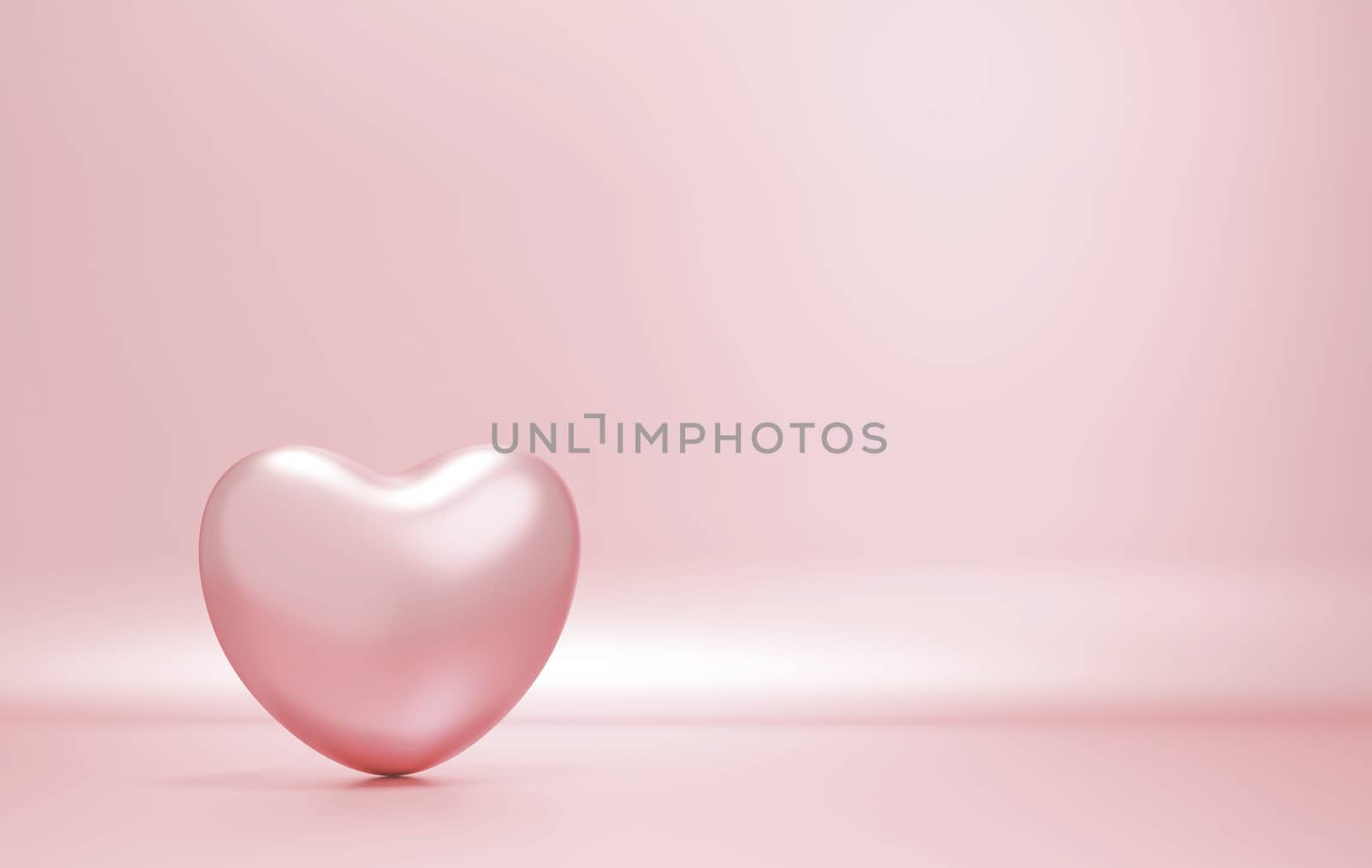 Rose gold heart on pink paper background with copy space 3d render