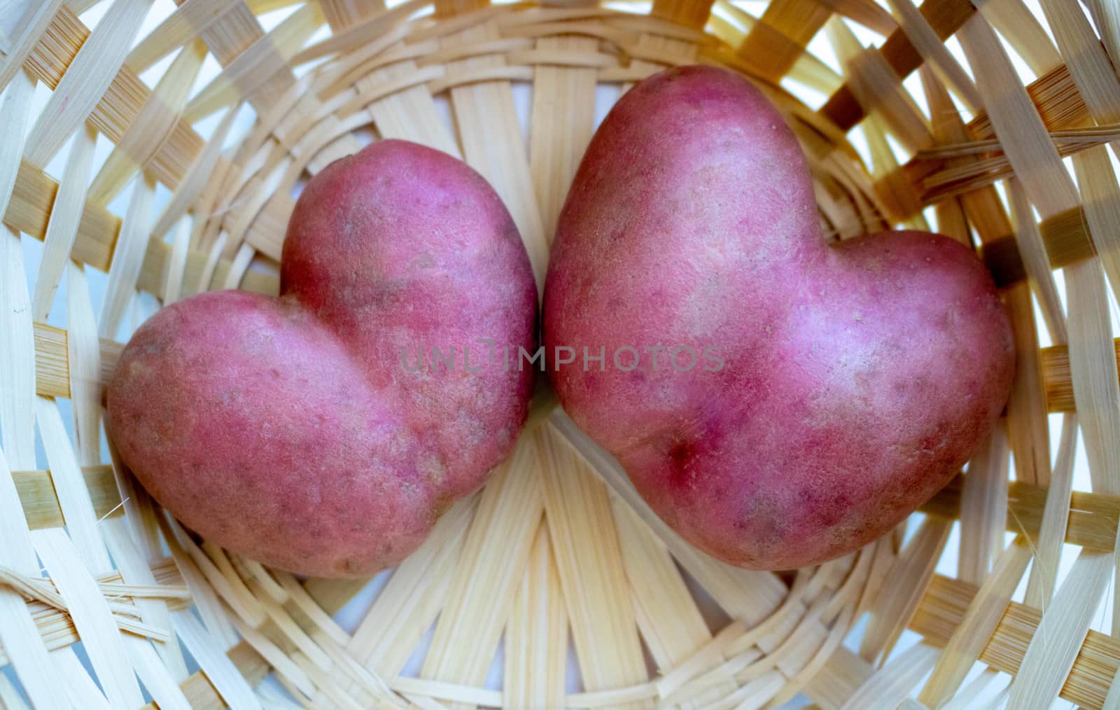 Two red heart-shaped potatoes are in the basket. Potato-heart close-up by lapushka62