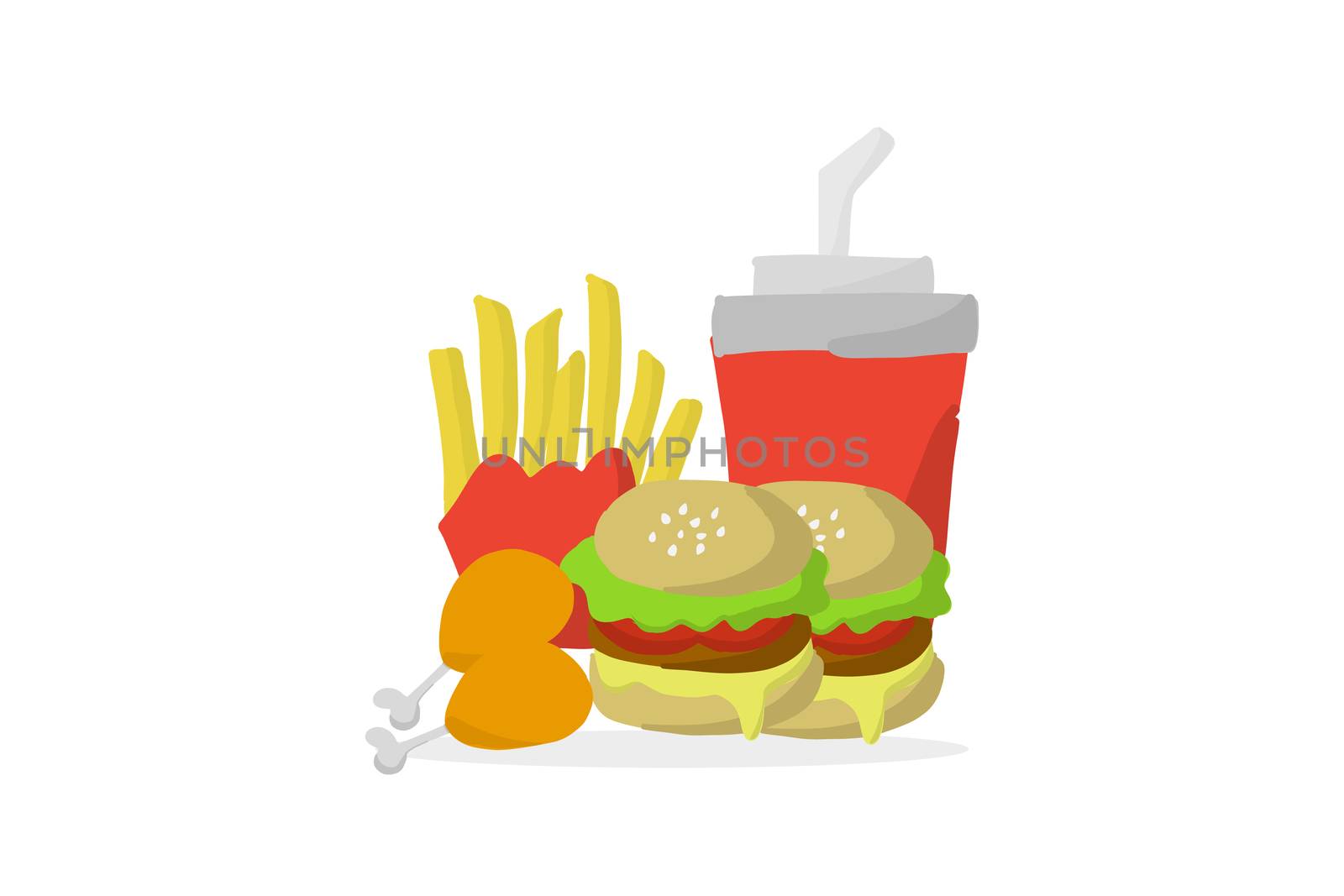 Fast food or junk food concept. Hand draw cheeseburger, french fries, beverage, and deep-fries chicken isolated on white background.