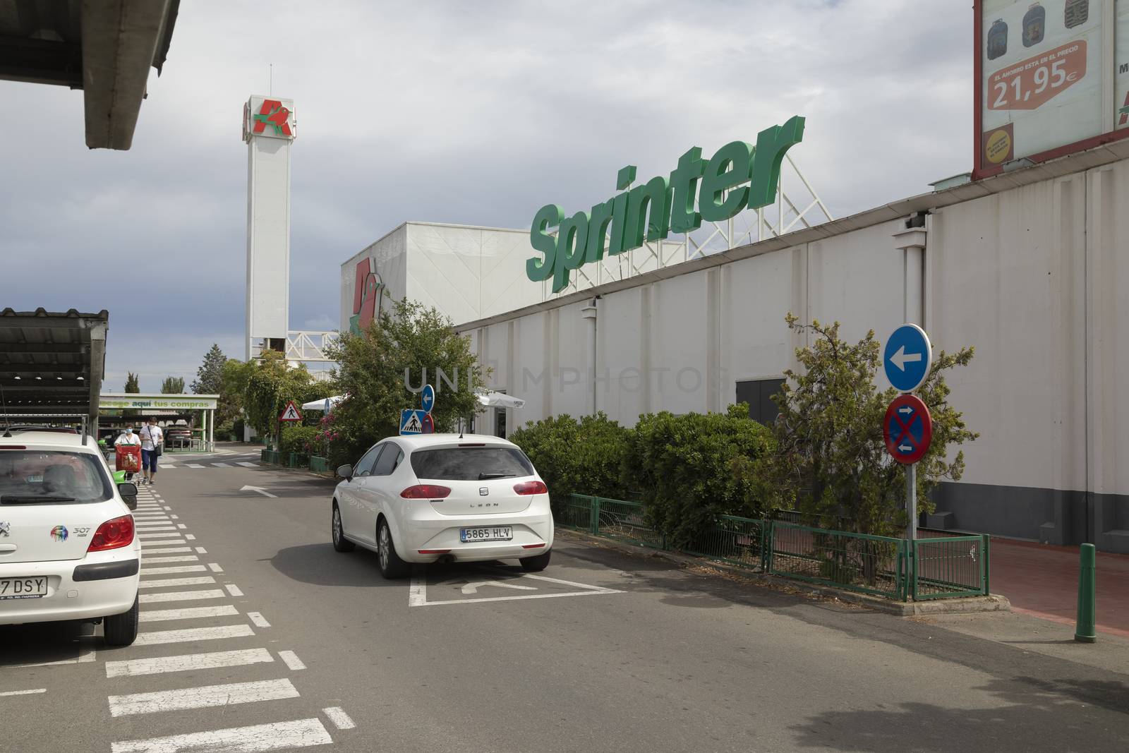 Zaragoza, Spain - August 18, 2020: Area of shopping centers and huge hypermarkets and stores on the outskirts of the city of Zaragoza.