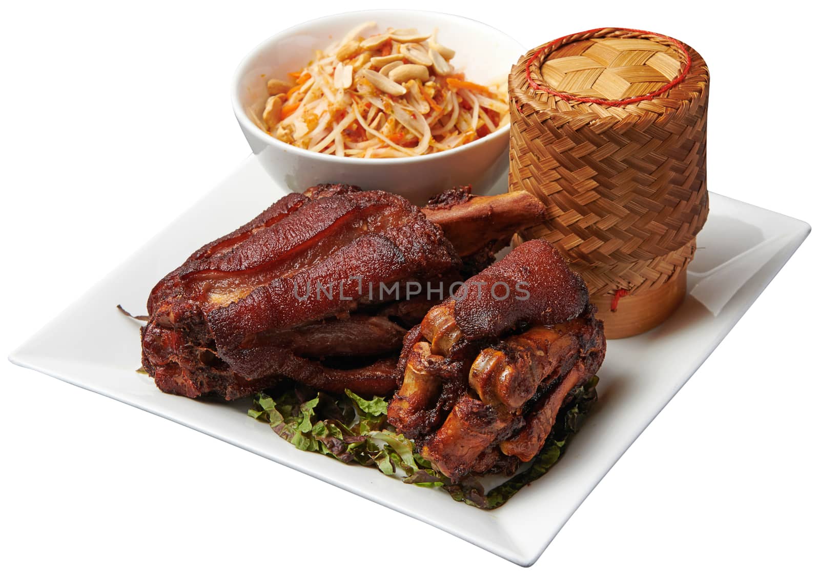 Deep-Fried Chicken Served with Papaya Salad and Sticky Rice isolated on white background with clipping path