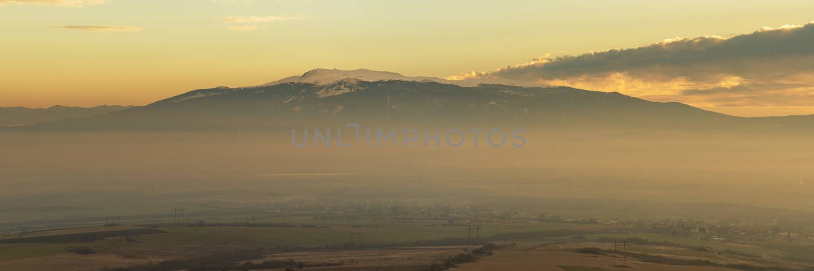 Dramatic sunrise of Vitosha mountain, Sofia, Bulgaria. Panorama.