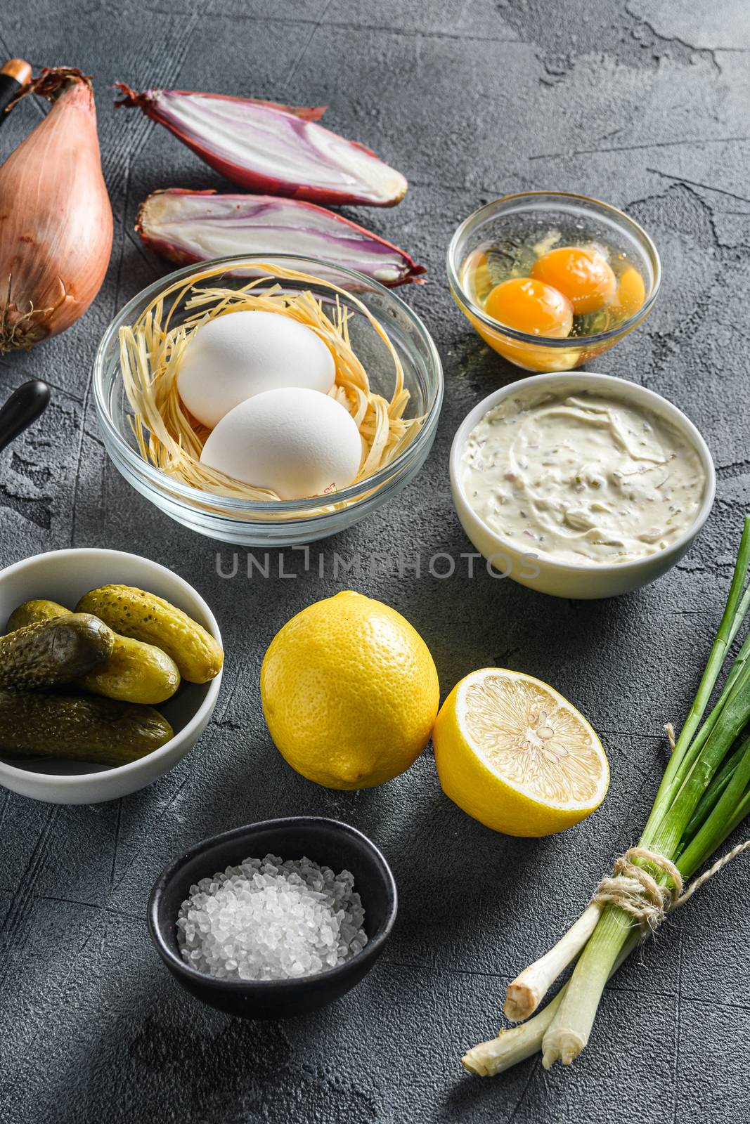 Ranch sauce in a white porcelain bowl with ingredients eggs capers,vegetables, herbs and spices on an grey stone textured table side view by Ilianesolenyi
