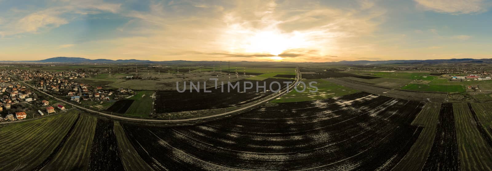 Aerial view of the railway section in Bulgaria at beautiful sunset. Panorama.