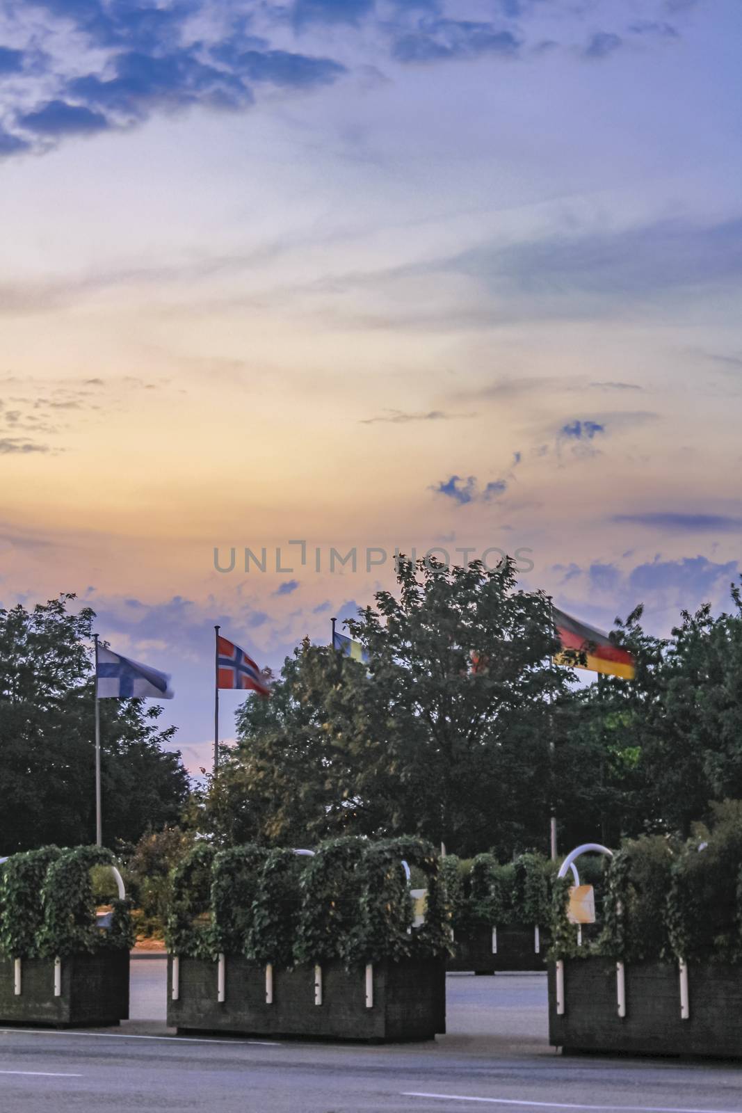 Denmark, Finland, Sweden, Norway and Germany flags in sunset . by Arkadij