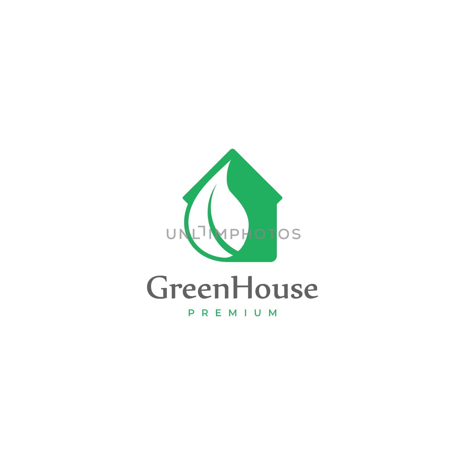 green house with leaf logo. healthy environment sign. organic home vector elements stock illustration by IreIru
