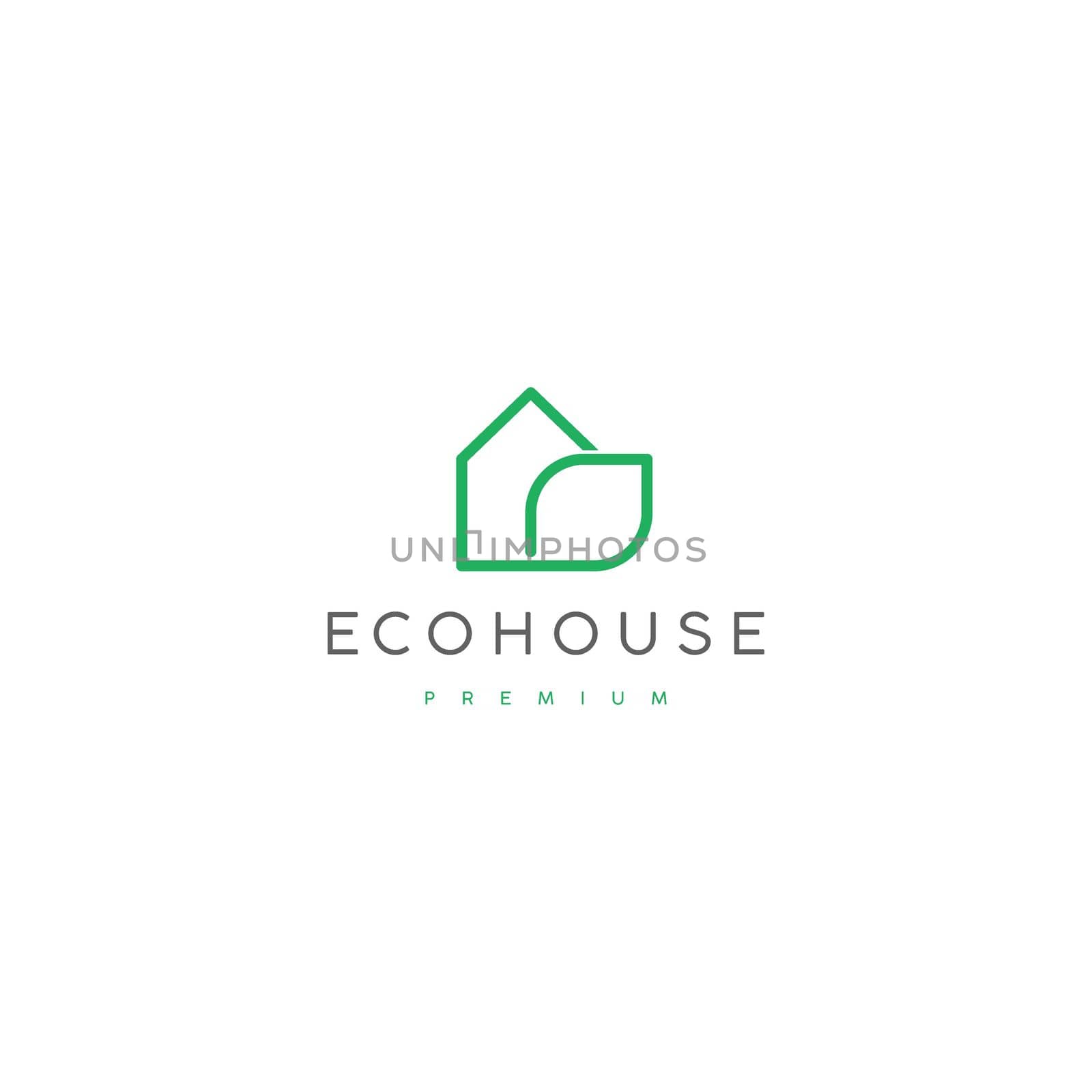 green house with leaf logo. mono line art concept of nature home vector elements stock illustration.