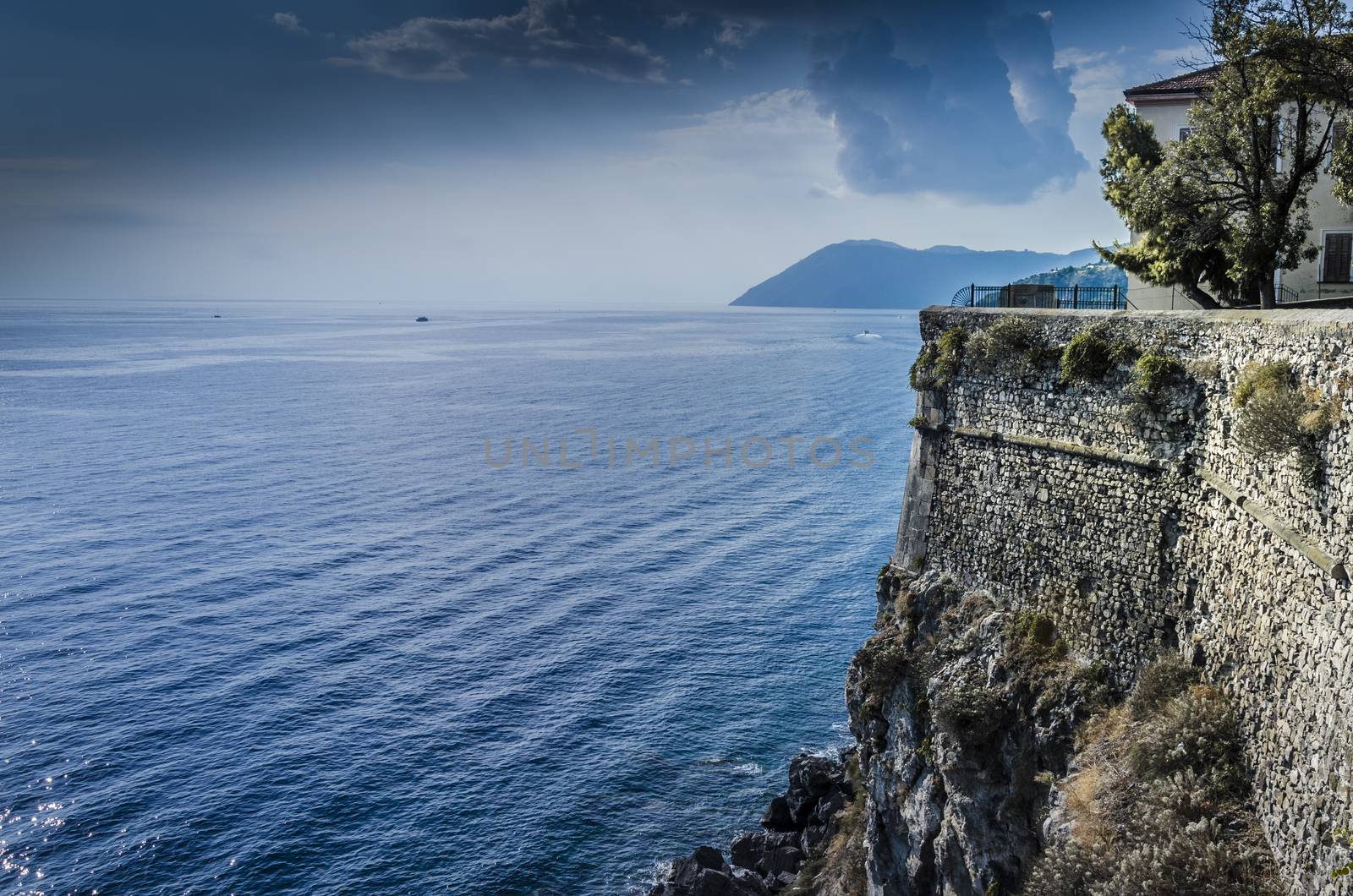 Walls of the coastal defensive fortress on Lipari Island and panoramic views of the Tyrrhenian Sea