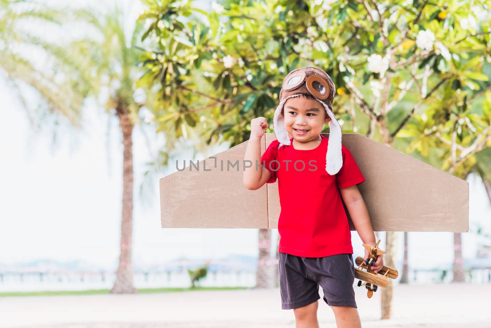 Happy Asian funny child or kid little boy smile wear pilot hat and goggles play toy cardboard airplane wing flying against summer sky cloud on trees garden background, Startup freedom concept