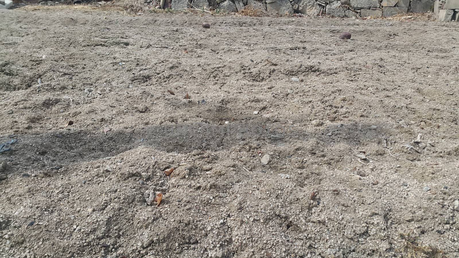 Close view of natural background of a field for farming. Dry agricultural brown soil detailed. 