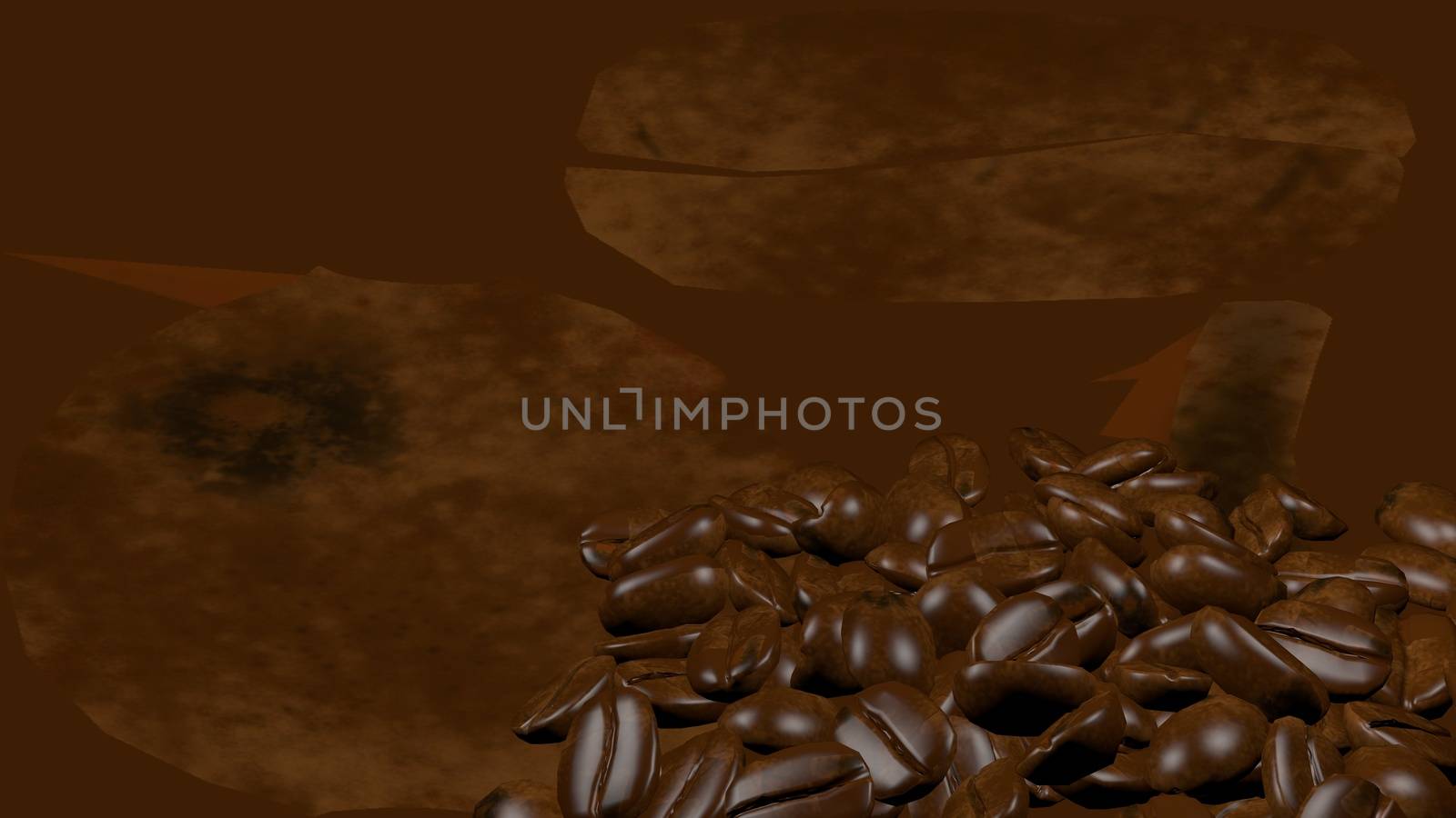 Scattered roasted coffee beans background with copy space for text and advertisements. Coffee beans are healthy for human brain and nervous system. 3D rendering