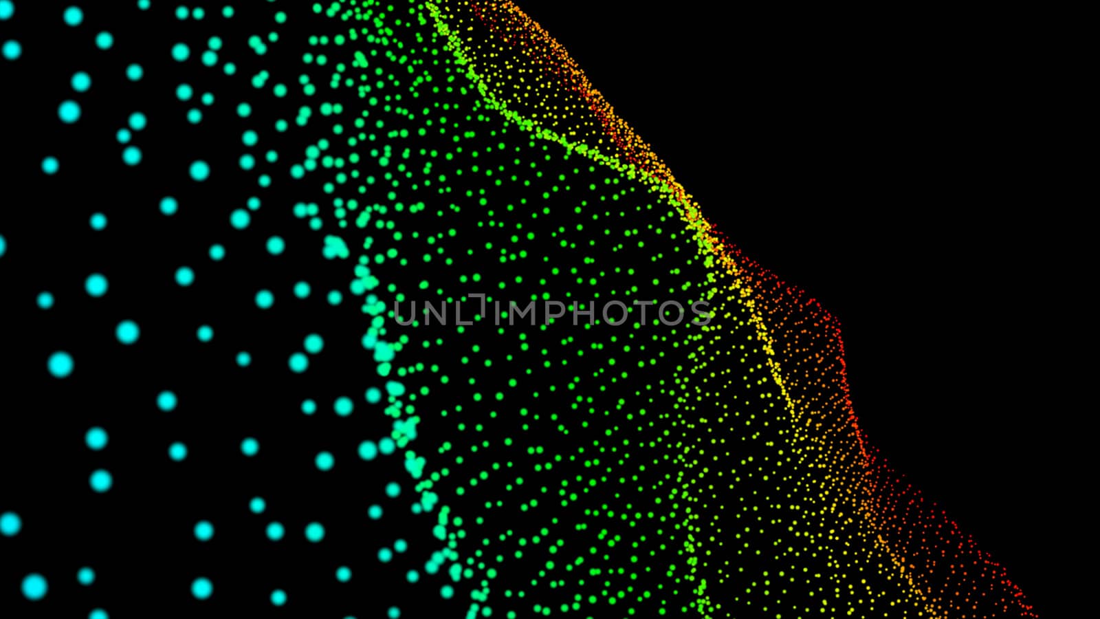 Black abstract texture background with glittery colored shiny bokeh spheres. Sparkling glittered particles on black background for placard, banner and greeting cards.