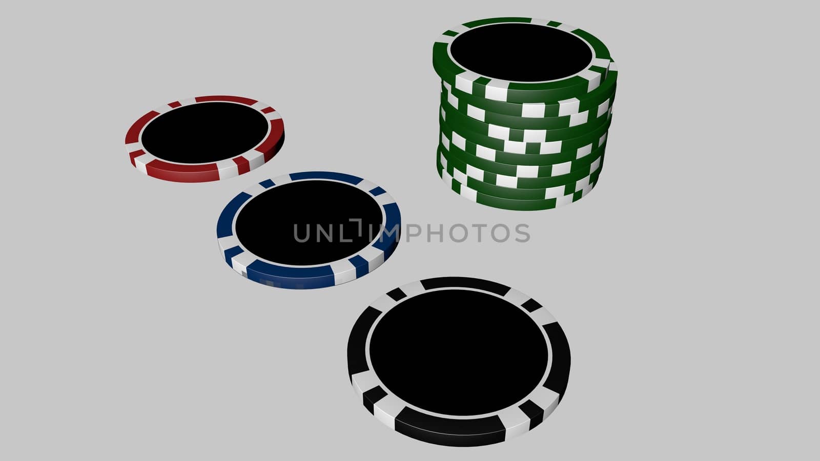 Set of poker chips of different colors and composition isolated on white background.