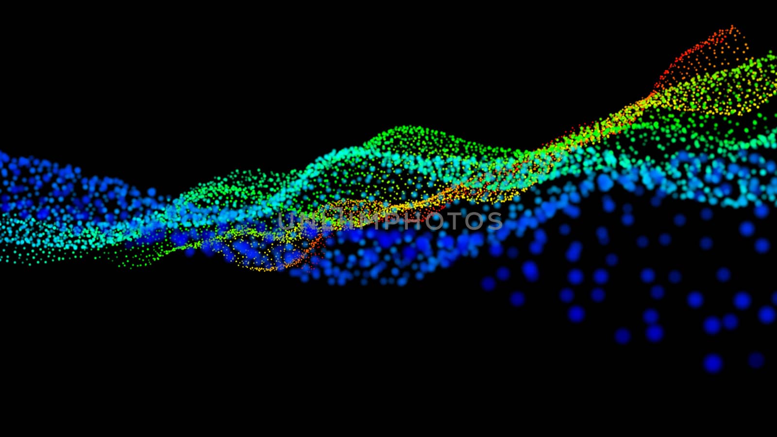 Black abstract texture background with glittery colored shiny bokeh spheres. Sparkling glittered particles on black background for placard, banner and greeting cards.