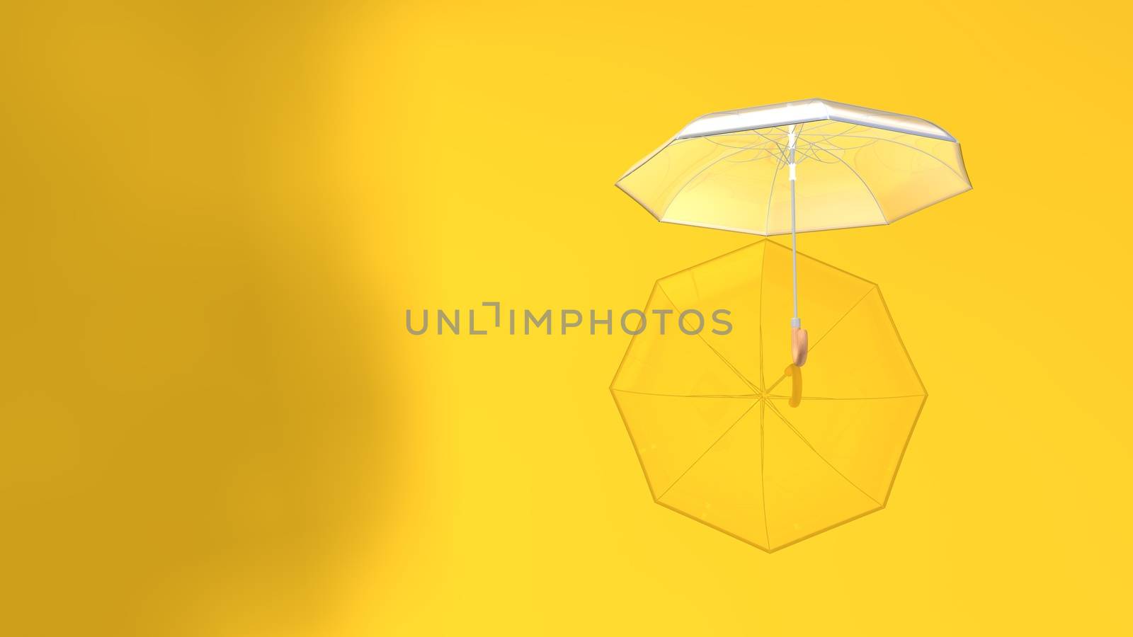 Colorful umbrella with shadow on a delightful color background. 3D rendered Transparent umbrella with all parts visible on a colored floor.