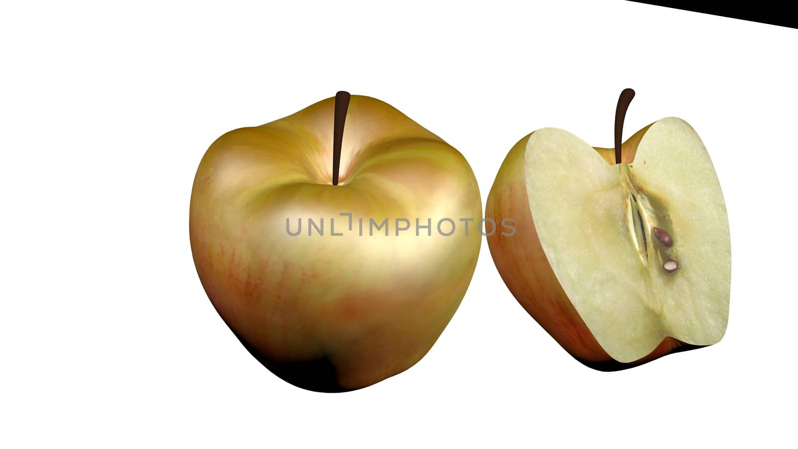 Red apple with sliced part isolated on white background. A fruit background with copy space for text and advertisements. 3D rendered apples.