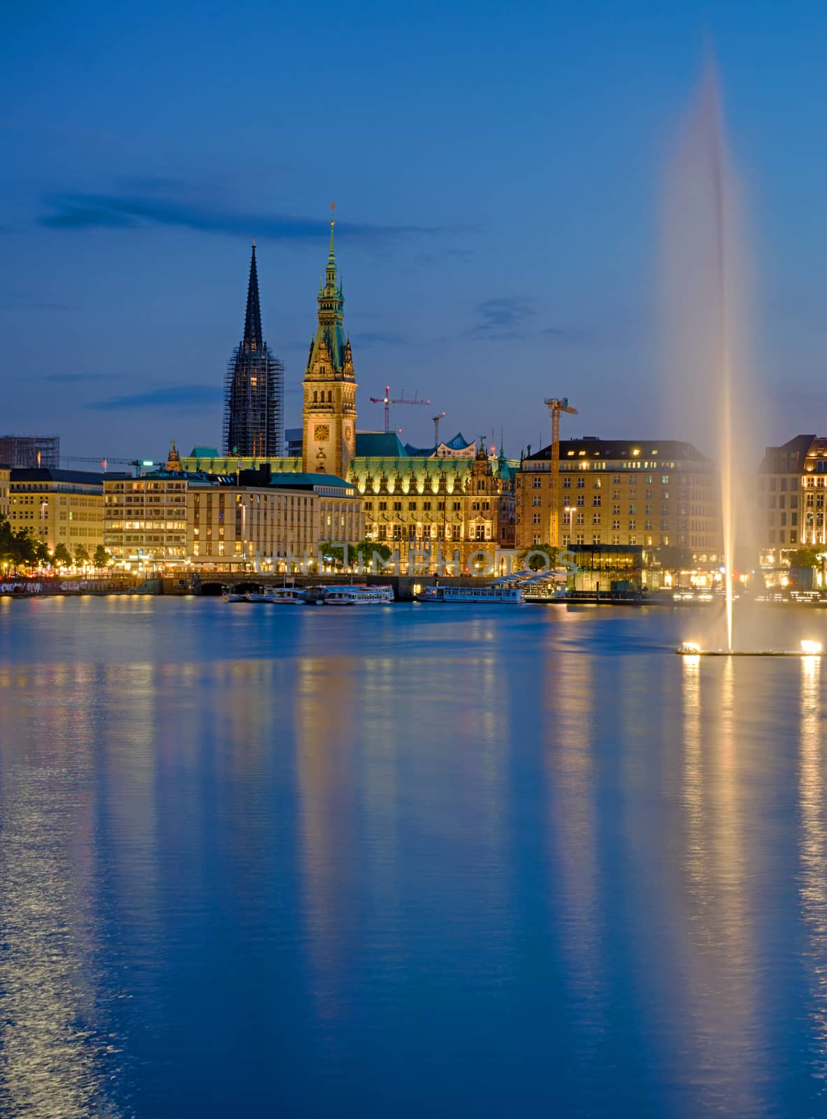 Downtown Hamburg with the Binnenalster lake at dawn