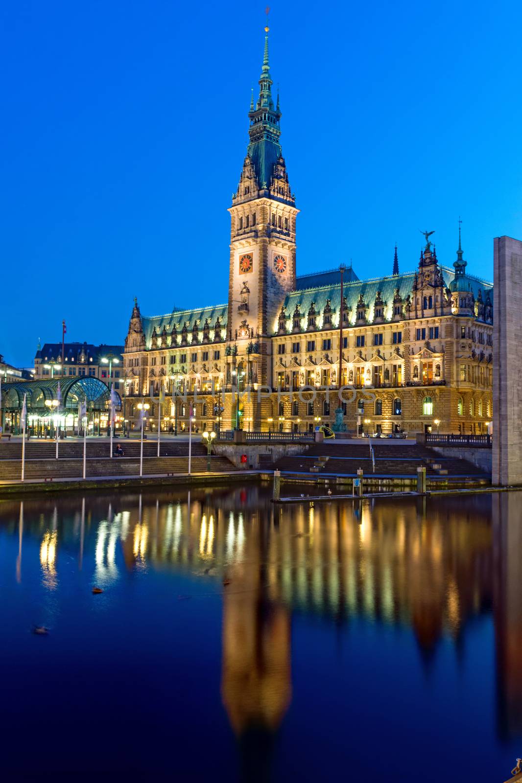 The townhall of Hamburg in Germany illuminated at night