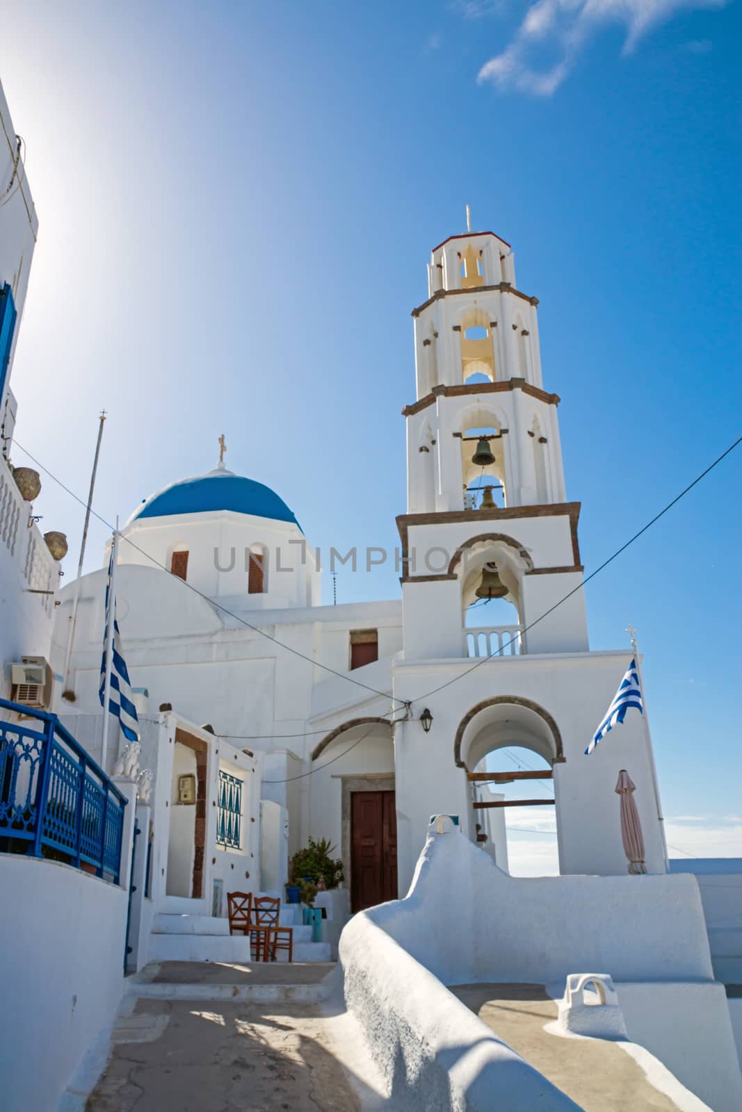 A beautiful white church in Pyrgos, Santorini, Greece