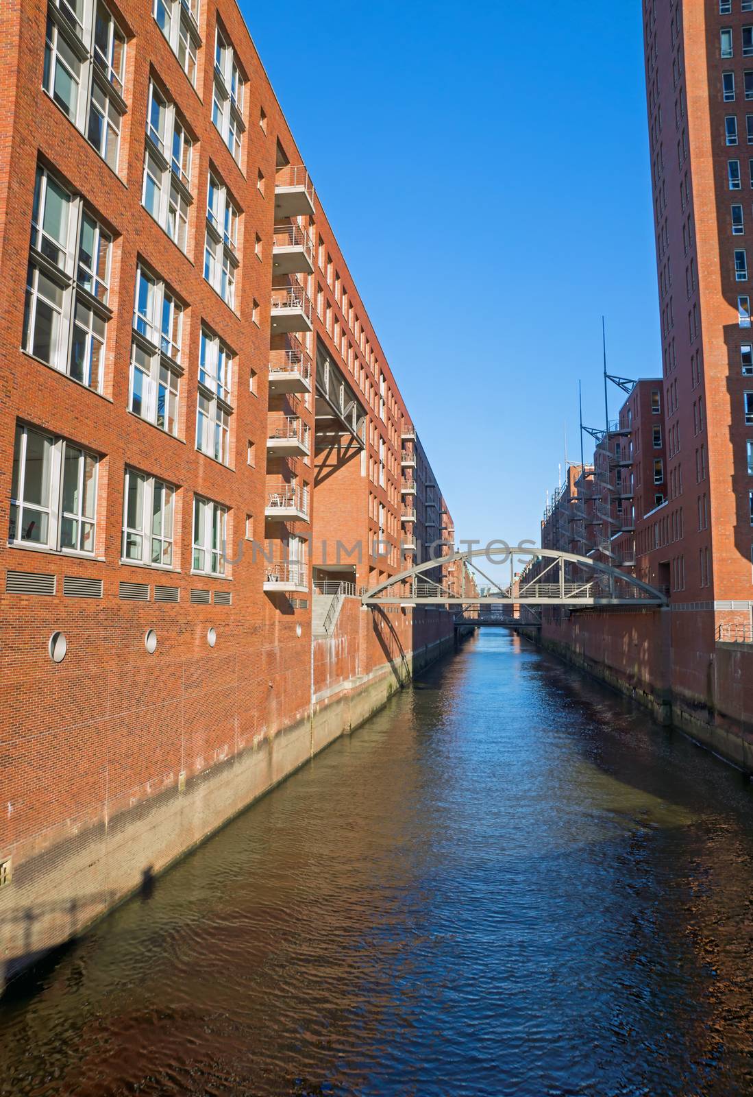 One of the many channels in the Speicherstadt in Hamburg, Germany