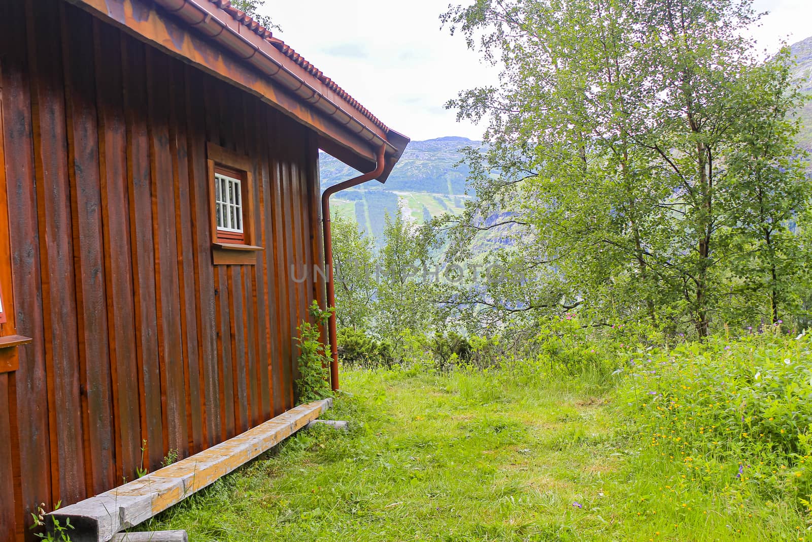 Old brown wooden cabin hut in Hemsedal, Norway.