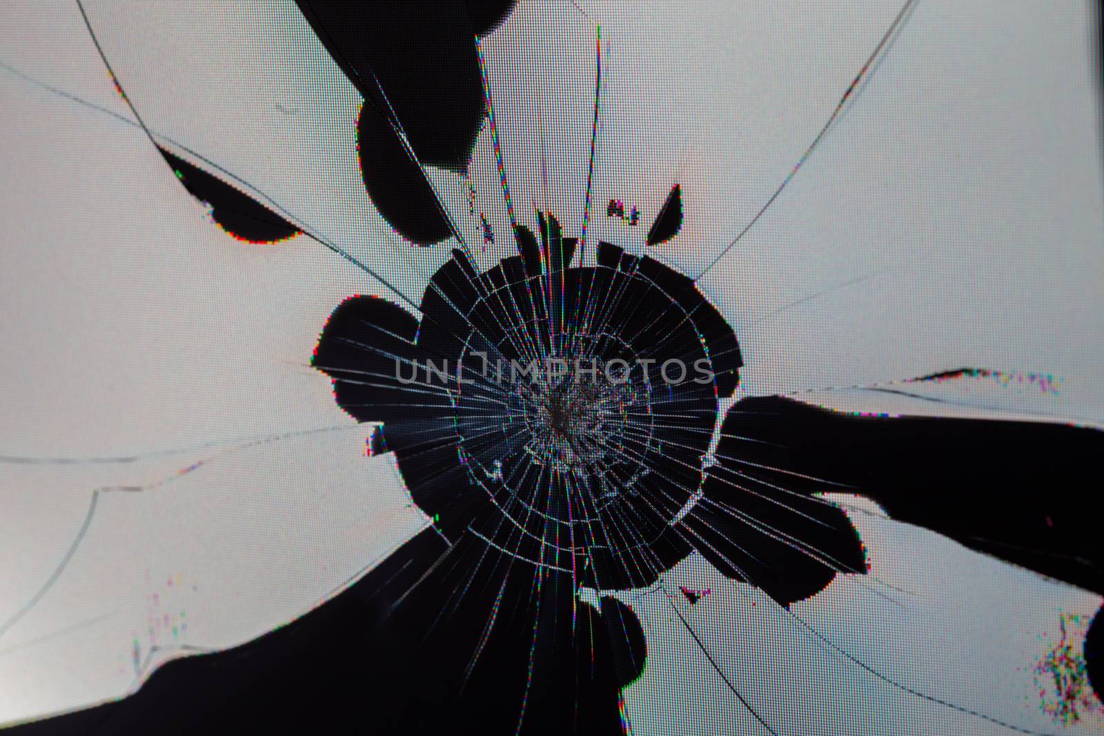 broken lcd tft tn screen flat macro texture with crystal leakage and physical damage cracks, closeup with selective focus and blur.