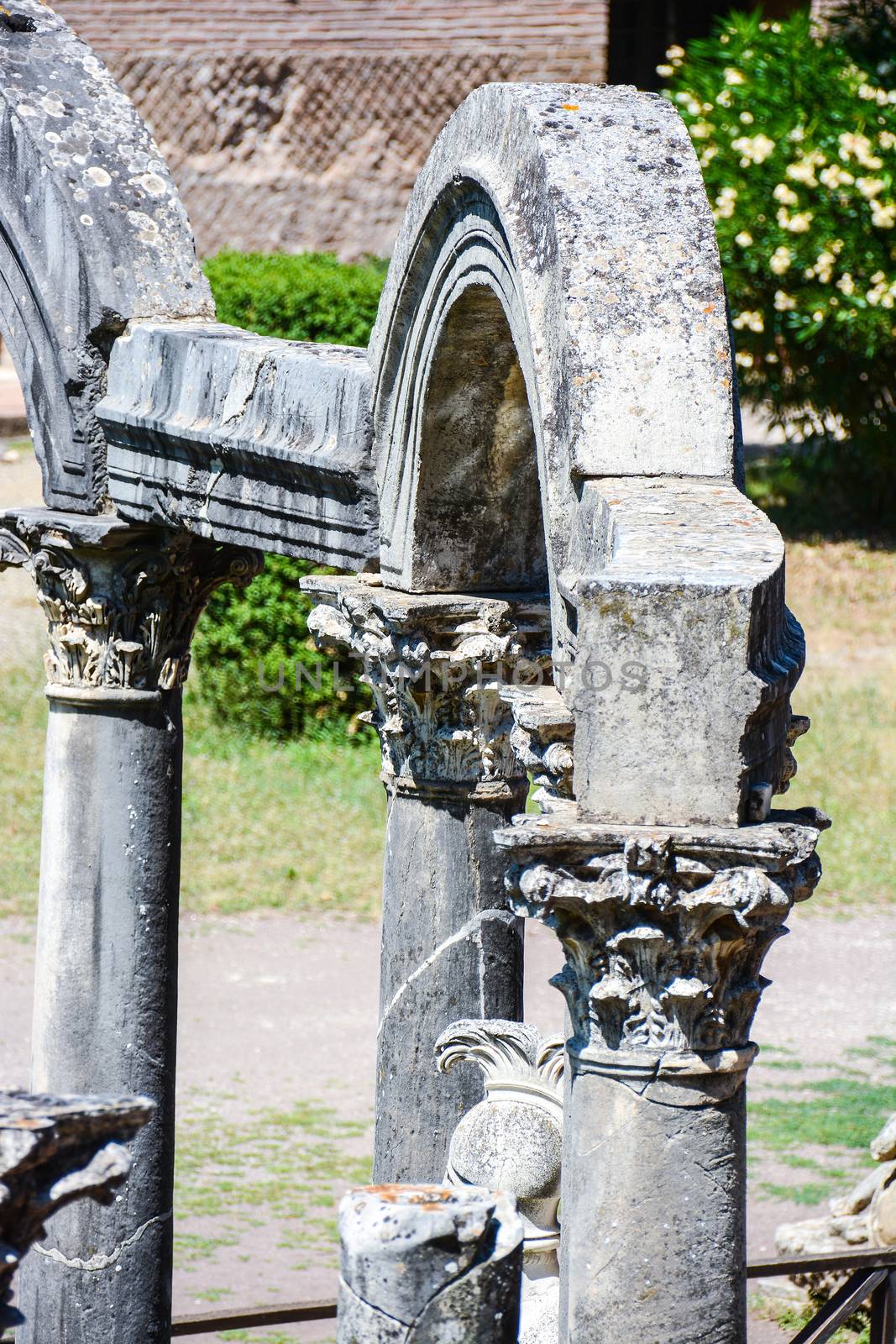 detail view of the ensemble of sixth arches resting on Roman lily capitals on romanic columns in a single solution