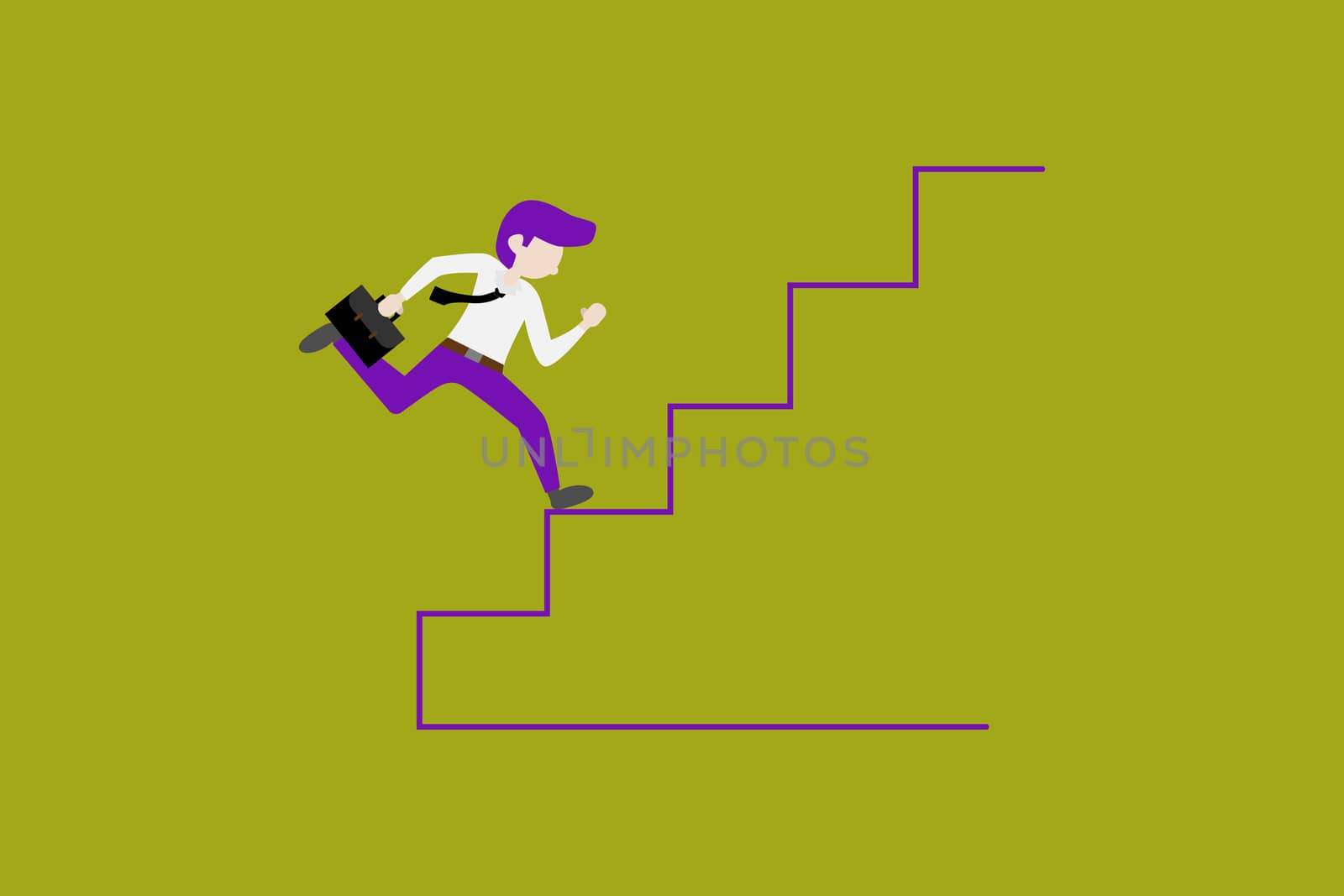 Business success concept. Businessman run up the stair to goal on yellow background.  