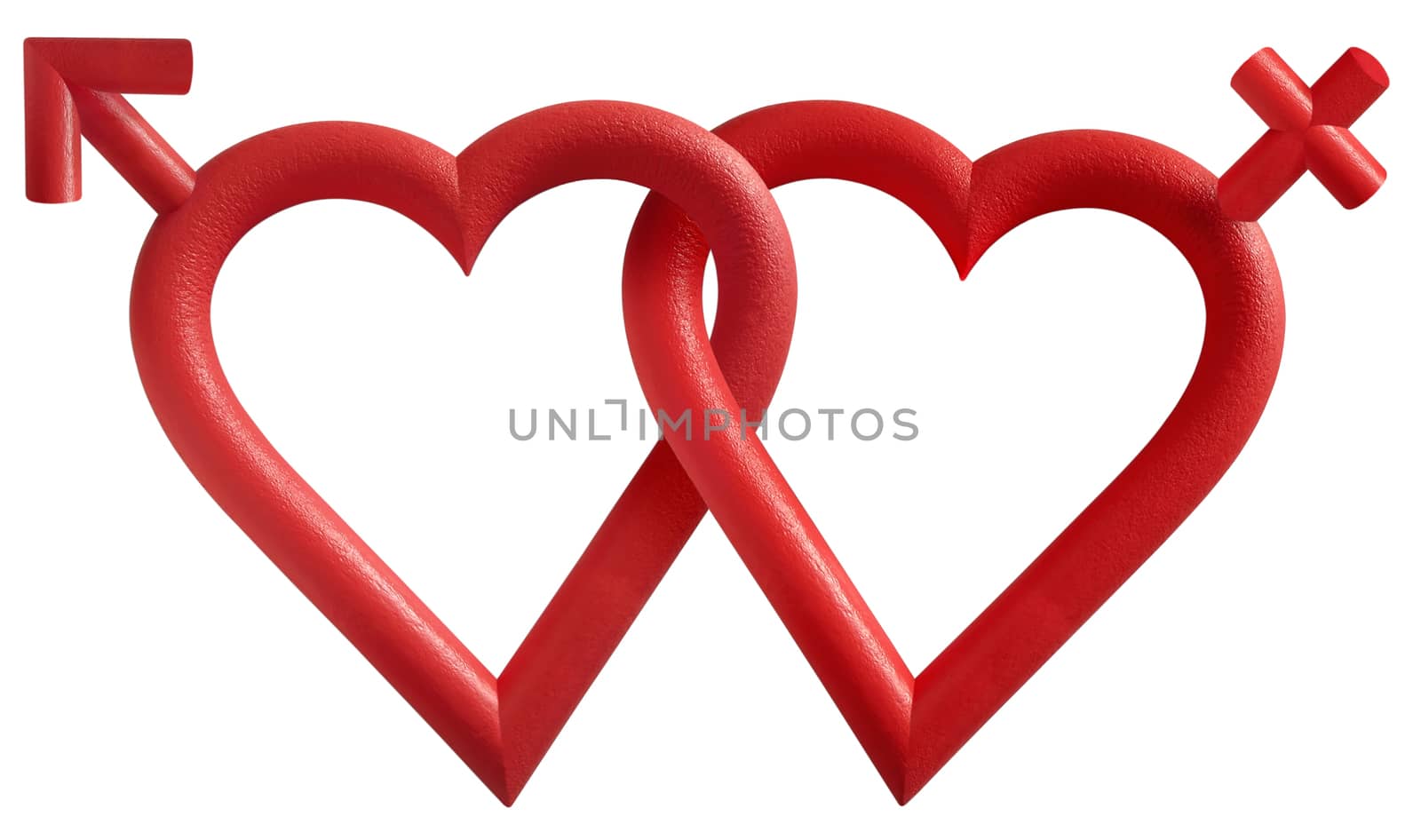 Two interlocking Valentine hearts (male and female) in white background