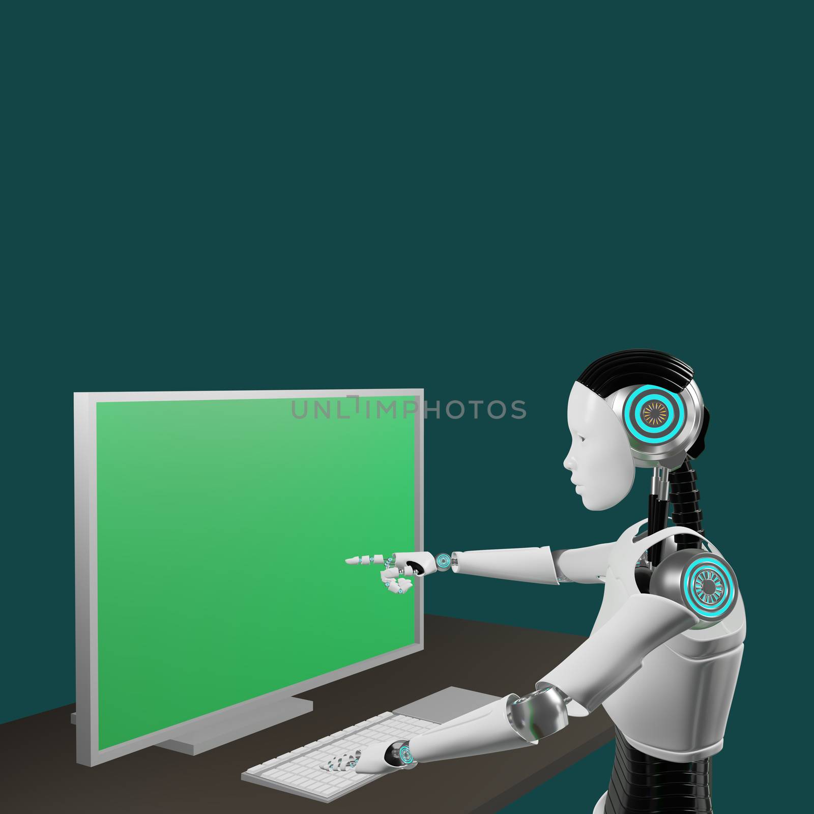Android is pointing at monitor of computer with green screen on table and color background with copy space 3d rendering. Business and technology concept photography.
