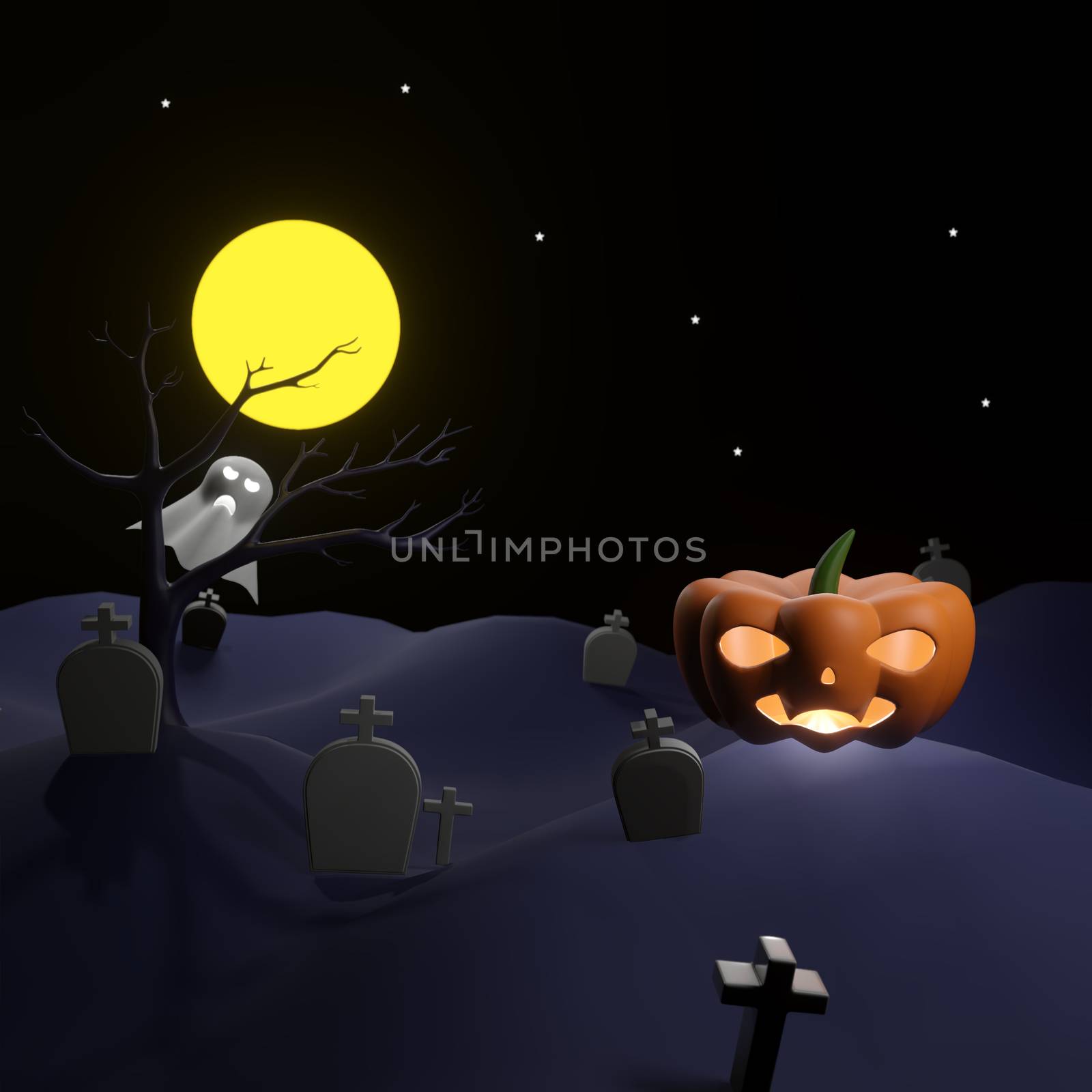 Orange pumpkin with light on land of graveyard have blur ghost behind dead tree with full moon and pleiades as background. Halloween night scene 3d render.