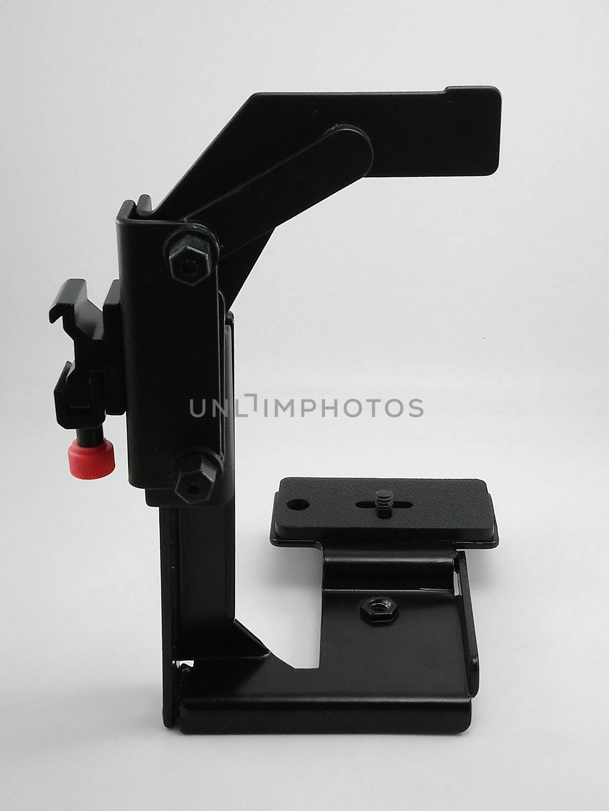 Black adjustable metal flash bracket photography accessory use to minimize the shadow of subject in portrait position