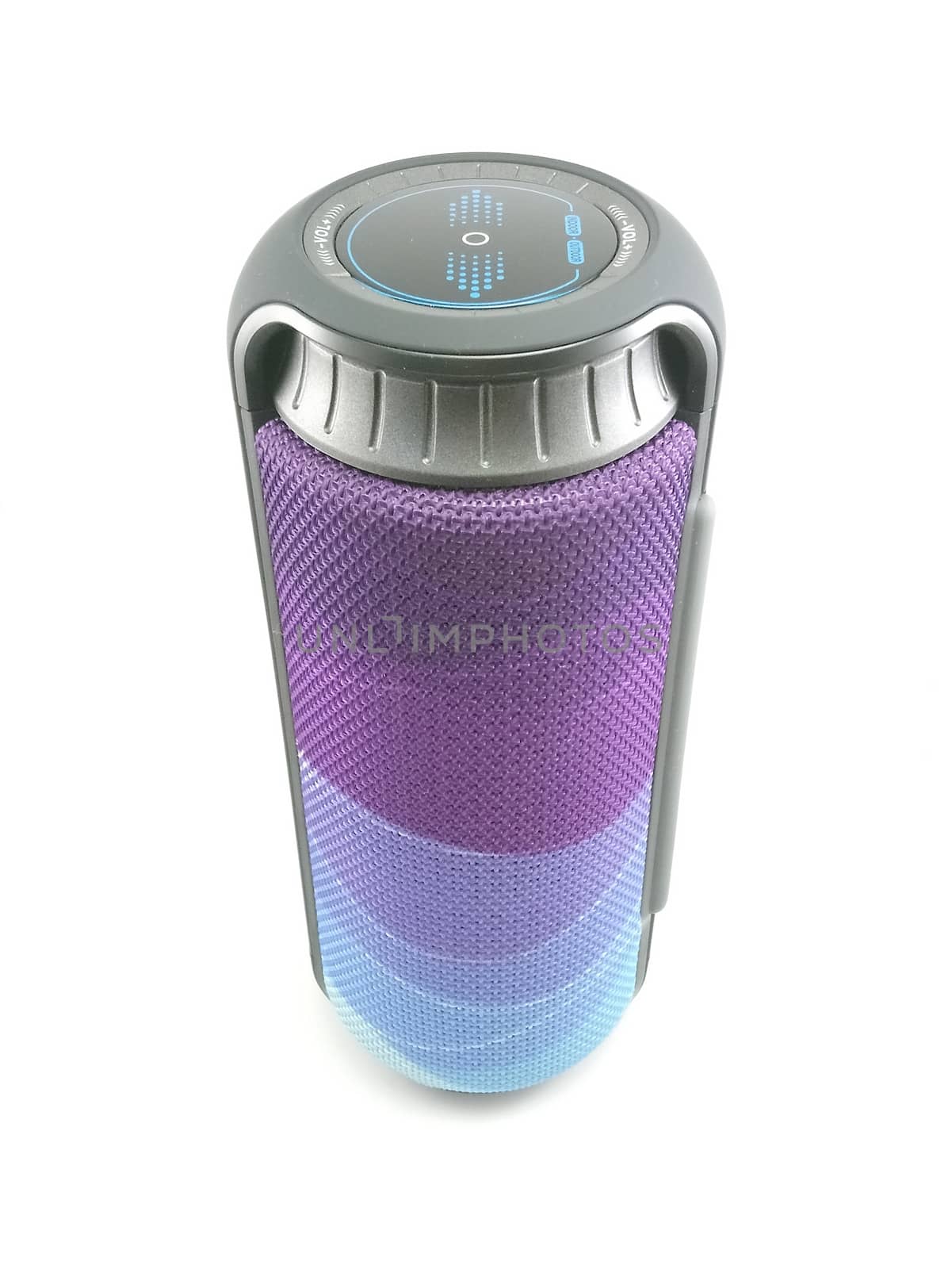 Bluetooth wireless speaker with purple and blue colors use to play music from smartphone